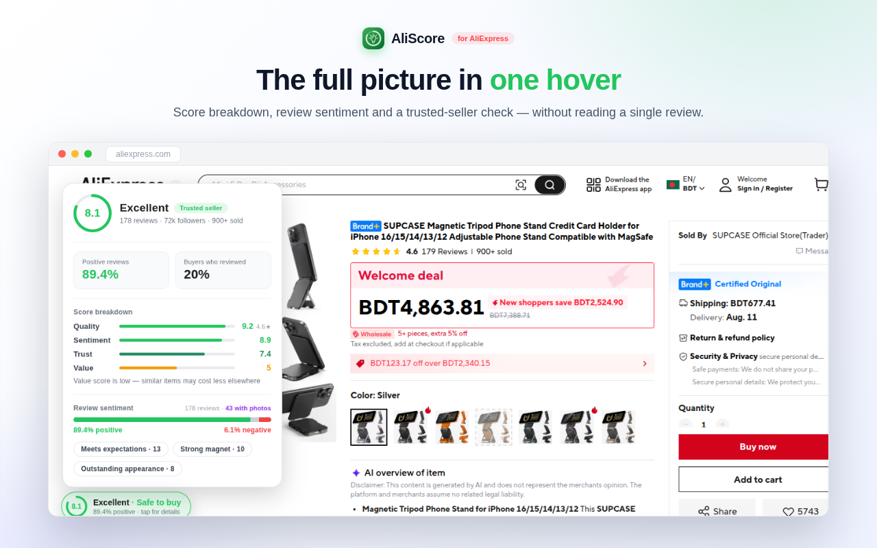 The expanded insights card: rings, weighted breakdown and the tags the review API returns.