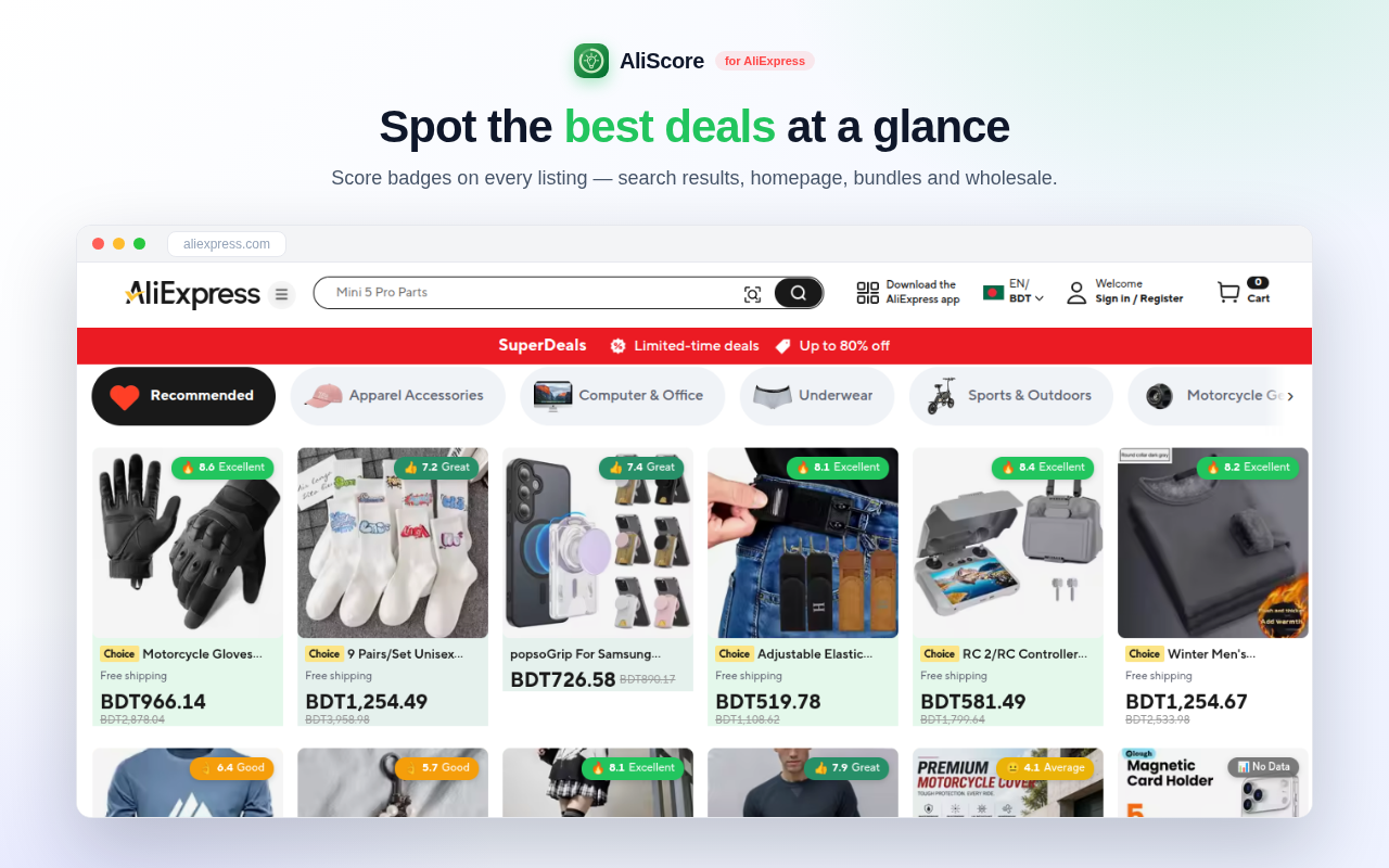 Score badges on search and listing pages — estimated from the card first, verified against review data when you hover or click.